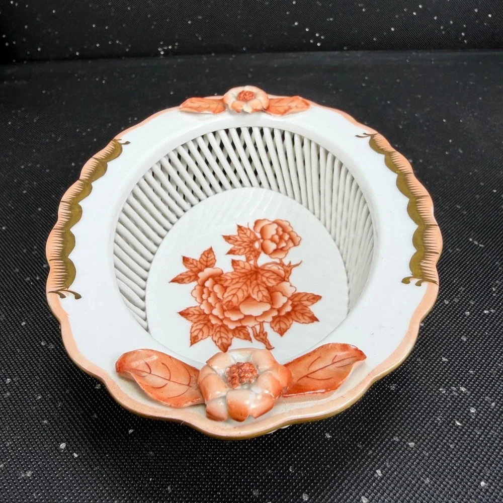 Herend Hungary Hand Painted Rust Floral Reticulated Porcelain Weave Basket Dish